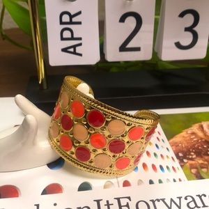 Boho Enamel Cuff Bracelet | Coral Blush Polka Dot | Gold-Tone Open Cuff